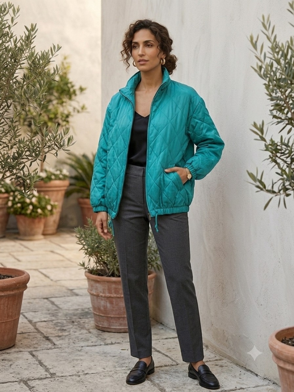 Vintage David Hollis 100% Silk Quilted Jacket Teal Turquoise Bomber Small